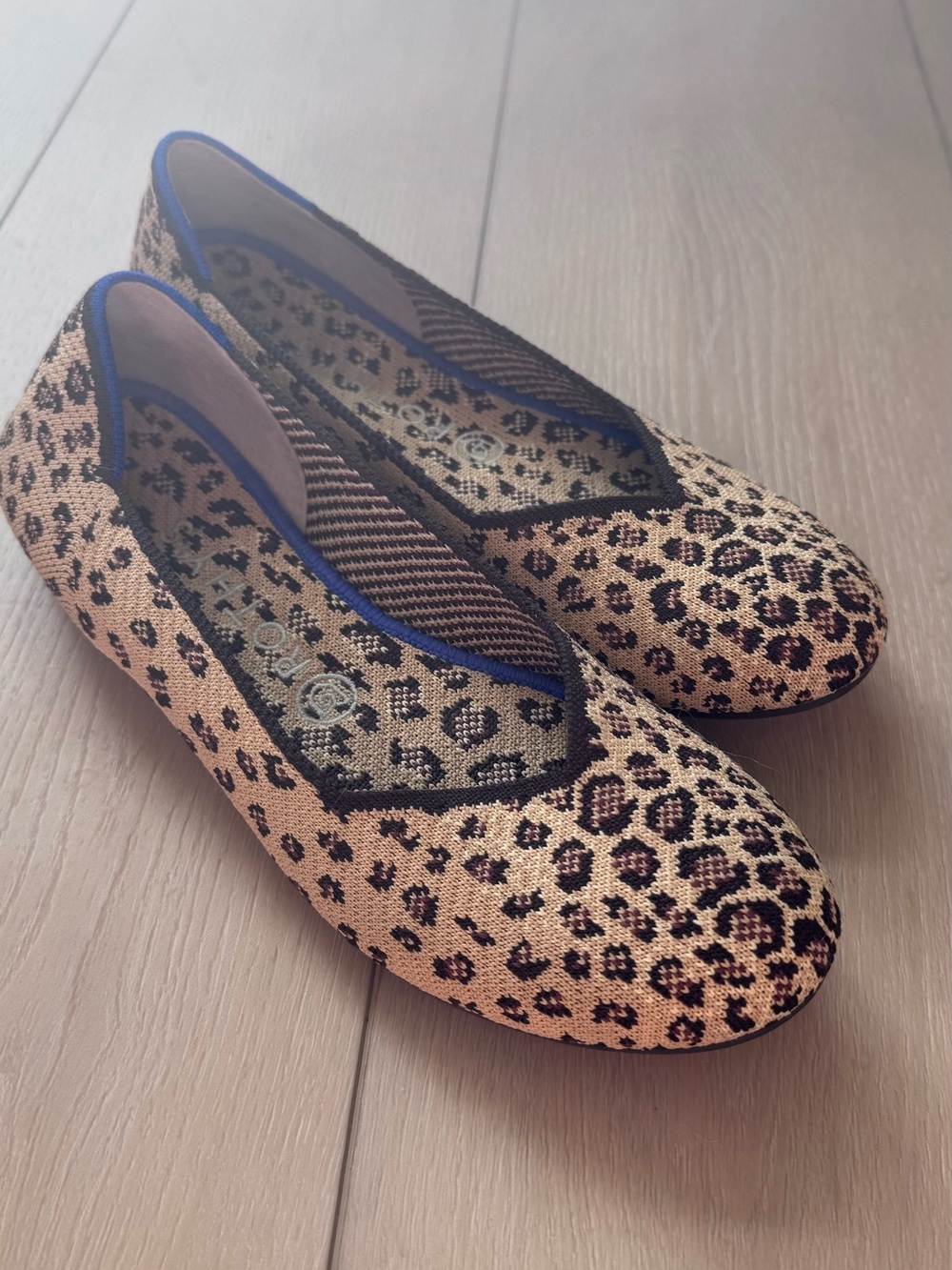 Rothy's Leopard Print Ballet Flats with Blue Trim